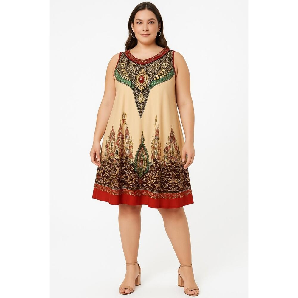 Lapogee Red Black Knee Length Bohemian Sleeveless Dress‎ 2X Summer Vacay